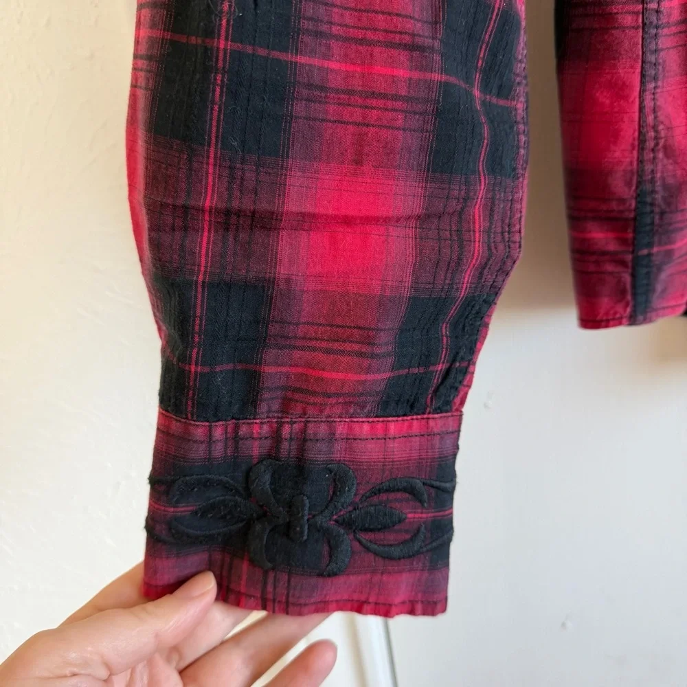 Rock & Roll Cowboy Men XL Red Plaid‎ Long Sleeved Button Down Shirt Embroidered